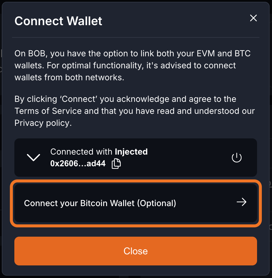 Click Connect your Bitcoin Wallet